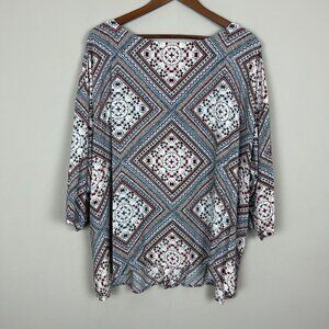 J Jill Blouse Top Womens 3X Red Blue Floral 3/4 Sleeve Button Back Slit High Low